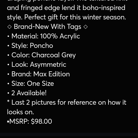 MAX EDITION PONCHO  ONE SZ - Picture 5 of 6